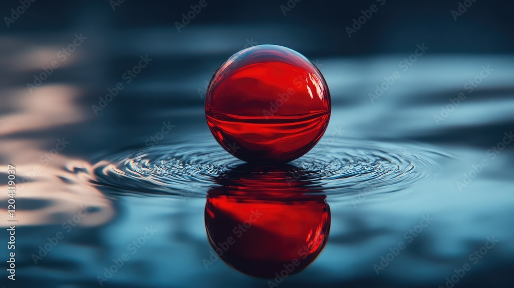 Poster red glass sphere floating on water surface with ripples and reflections in soft focus background cop