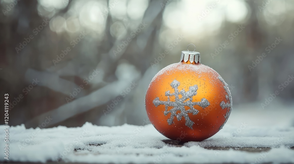 Poster orange christmas ornament with snowflake design on a snowy surface with blurred winter background an