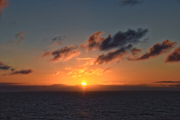 Nordic Ocean Sunrise of the coast of Norway from boat, Summer 2024, Scandinavia, Europe.
