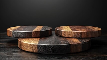 Wooden cutting boards arranged artistically on a dark wooden surface, highlighting their textures and colors