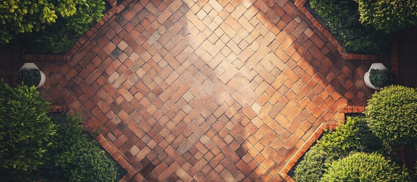 Aerial view of a patterned brick patio surrounded by lush green foliage with ample copy space for text placement.