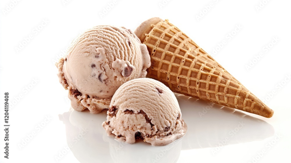 Poster ice cream scoops with chocolate chip flavor and waffle cone on reflective surface with copy space