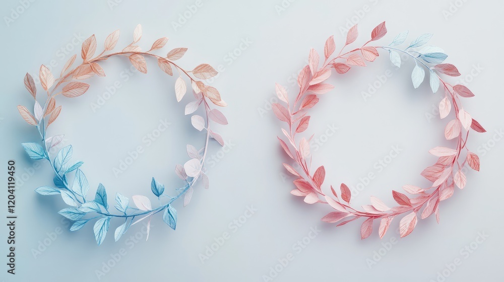 Poster two circular paper leaf wreaths in blue and pink color schemes on a light background with copy space