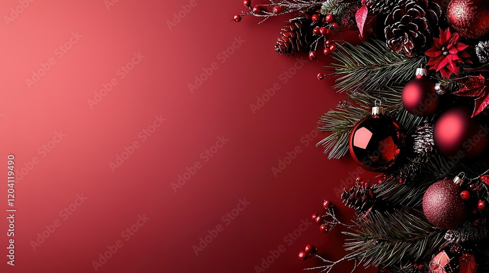 Poster red christmas background with pine cones and baubles on a red background with space for text