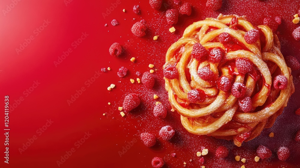 Poster raspberry dessert with spiral pastry and raspberry sauce on red background with copy space