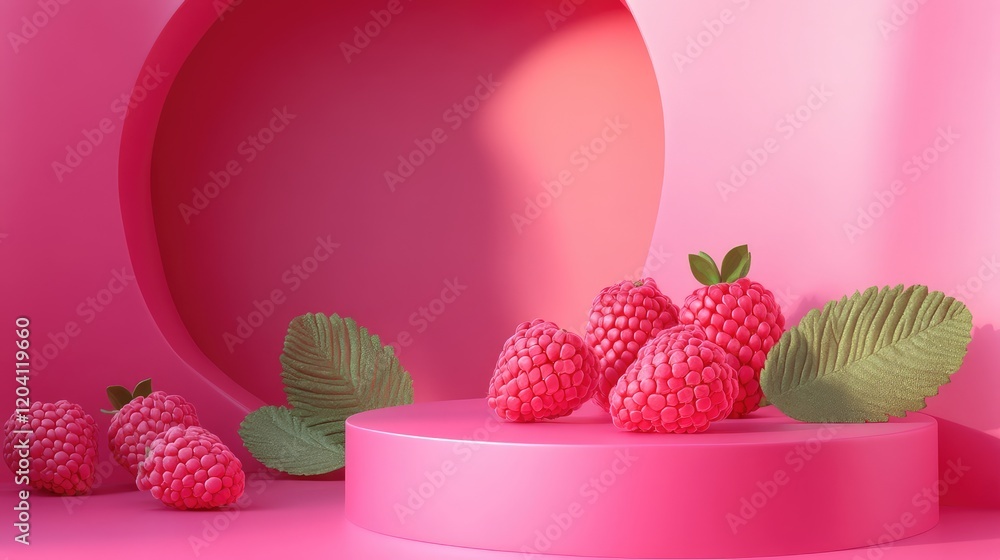 Poster pink raspberry arrangement with green leaves on a circular display in a pastel pink backdrop featuri