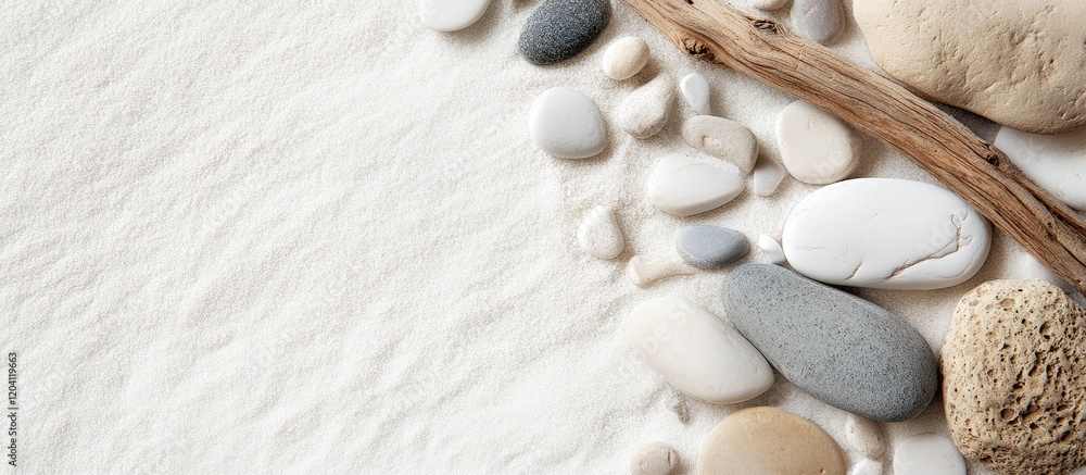 Poster smooth pebbles sand and driftwood arrangement on light background with copy space for text or design