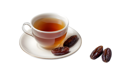 Teacup of tea with dates on saucer.