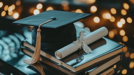 Graduation cap and books with diploma display