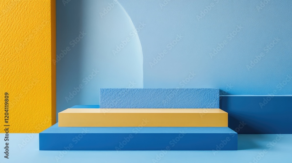 Poster colorful geometric shapes and textures on blue background with copy space for design and text elemen