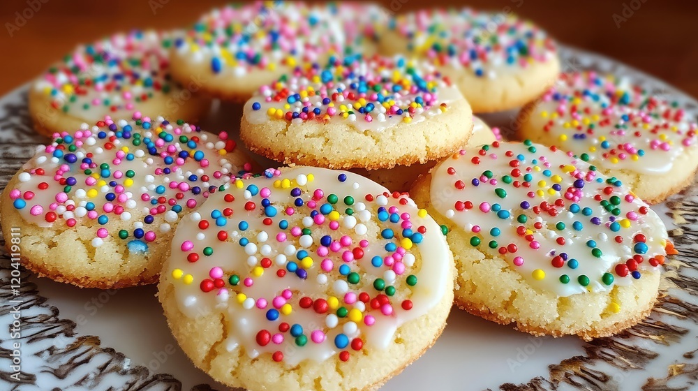 Poster colorful decorated cookies with sprinkles on a white plate with shallow depth of field and copy spac