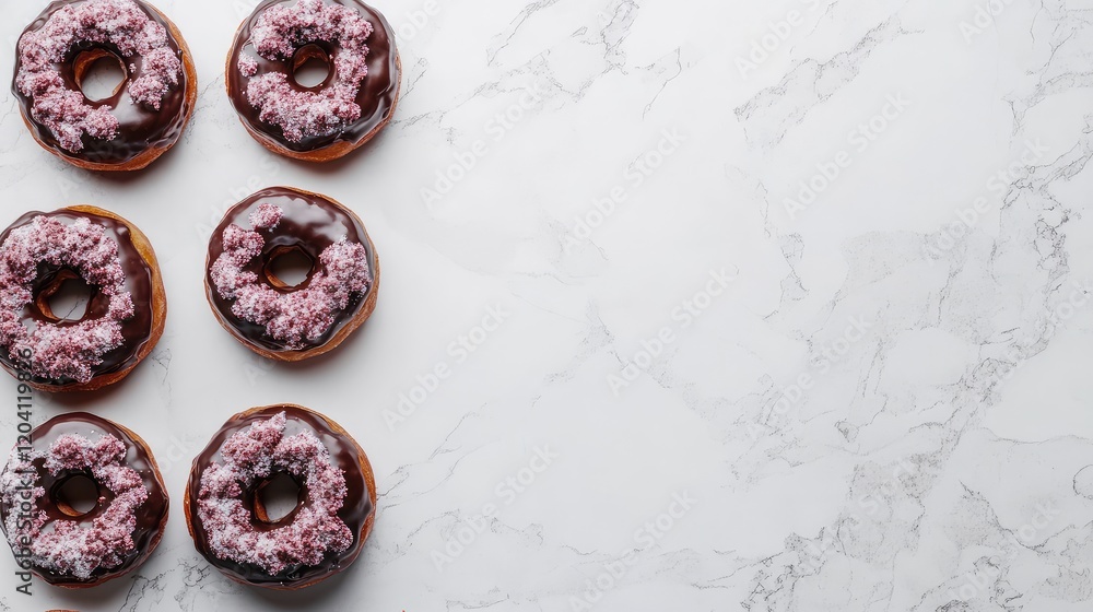 Aufkleber chocolate frosted doughnuts with purple icing arranged on a marble surface with copy space for text