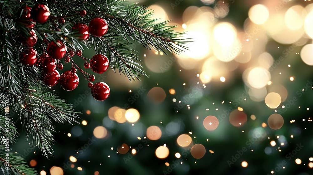 Poster a high-resolution image of a close-up pine tree adorned with luscious red berries, illuminated by ou