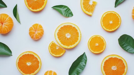 Orange slices and whole oranges with green leaves arranged on white background Copy Space