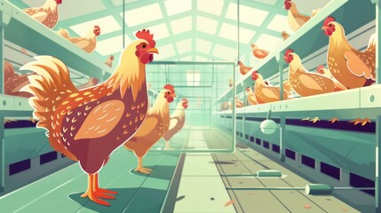 Chickens in a modern poultry farm with healthy feathers, structured enclosures, and high-tech care systems, designed in a vibrant flat style