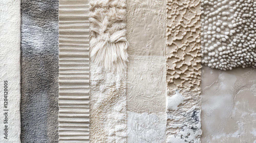 Poster textured fabric swatches in neutral tones arranged in a grid pattern showcasing various surface desi