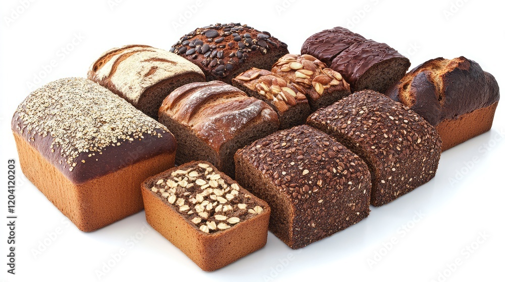 Poster assorted loaves of freshly baked bread including multigrain and seeded varieties on a white backgrou