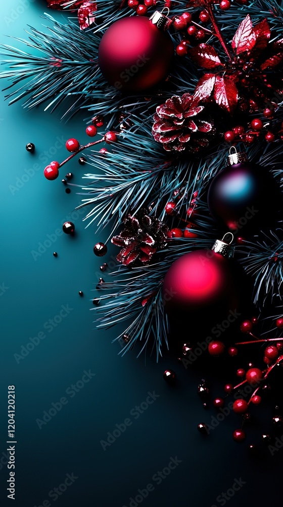 Poster a zoomed-in image of a christmas tree adorned with red and blue ornaments dangling from its branches