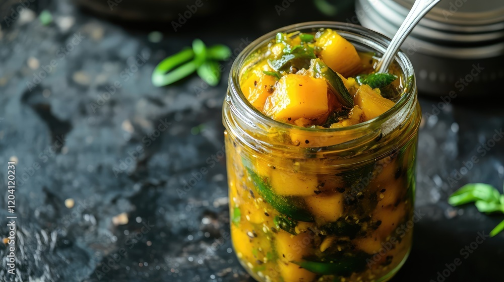 Poster homemade mango salsa in glass jar on dark rustic surface with spoon and copy space for text