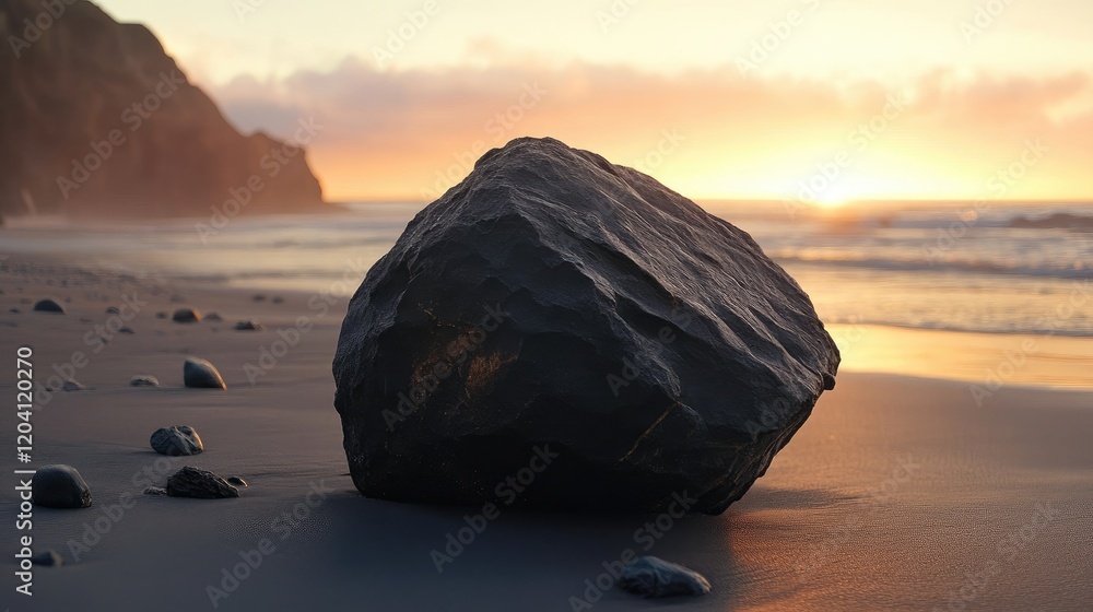 Poster sunset over beach with large rock formation in foreground and gentle waves lapping at shore copy spa