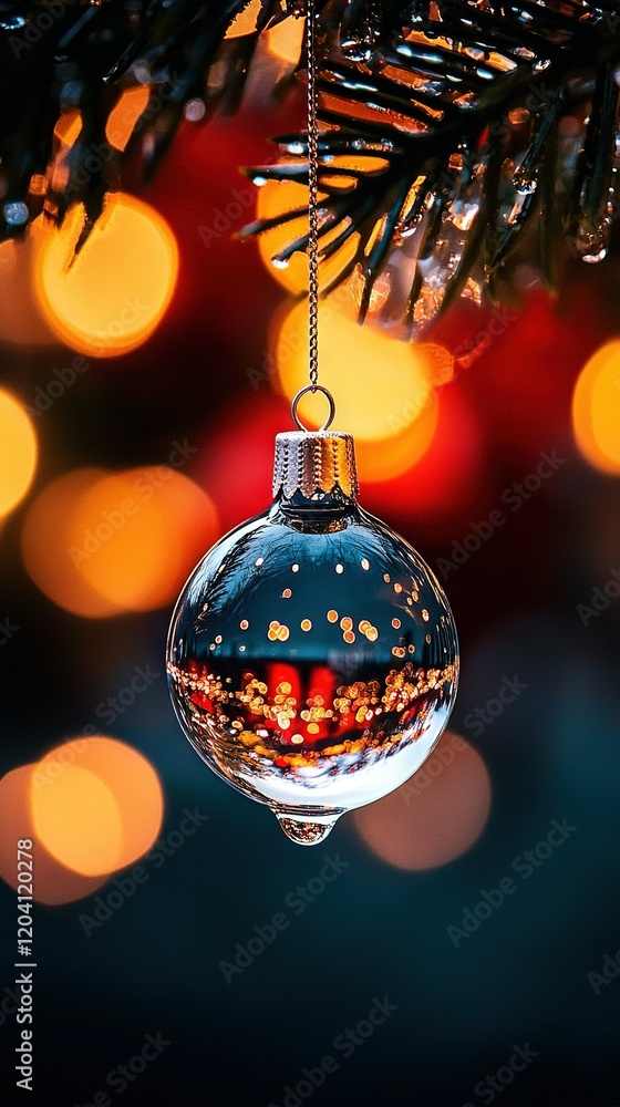 Poster a close-up of a christmas ornament dangling from a tree with background bokeh lights