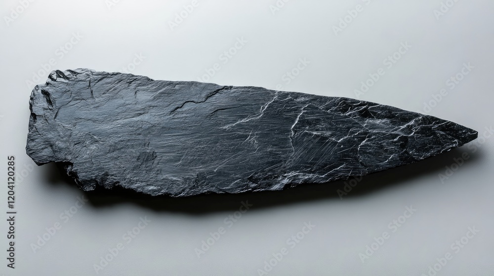Poster black slate stone arrowhead or spearhead artifact with polished surface and sharp edges isolated on 