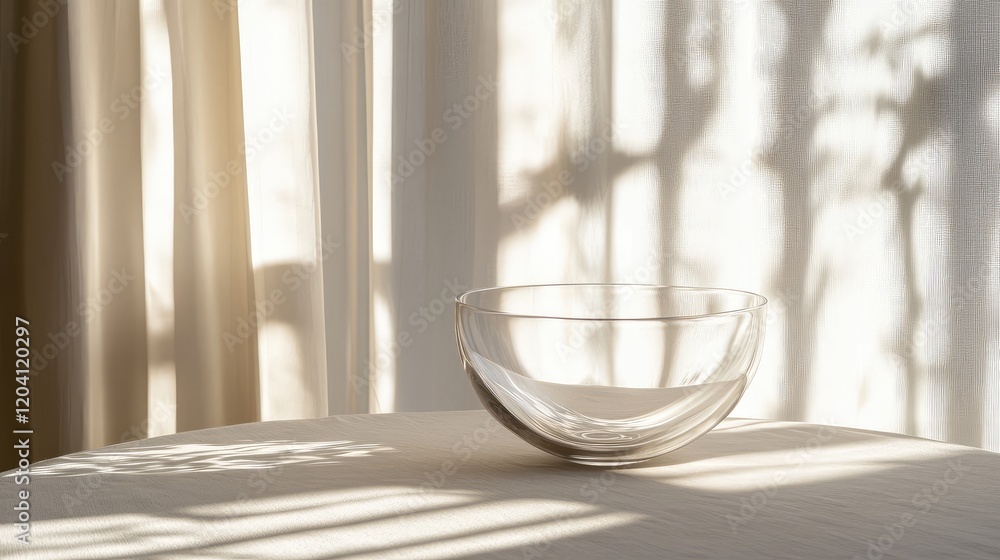Poster transparent glass bowl on a table with soft natural light and shadow patterns from curtains in a min