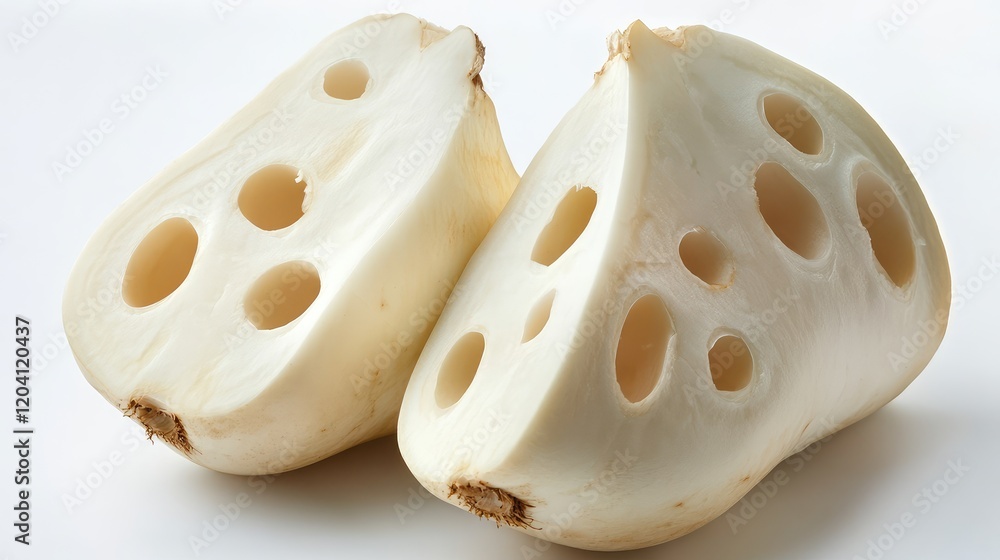 Aufkleber sliced lotus root with visible holes on a white background showcasing texture and details copy space
