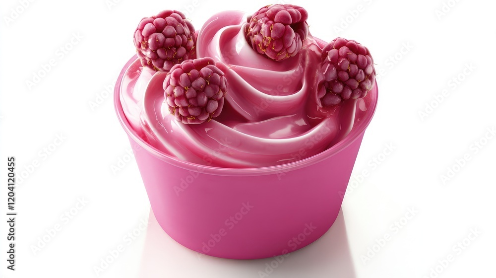 Poster pink raspberry soft serve ice cream in a pink cup topped with fresh raspberries on a white backgroun