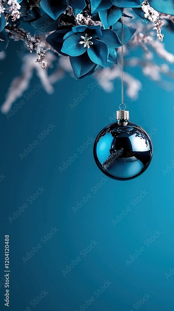 Poster a blue christmas ornament hanging on a twig of a twig of a twig of a twig of a twig