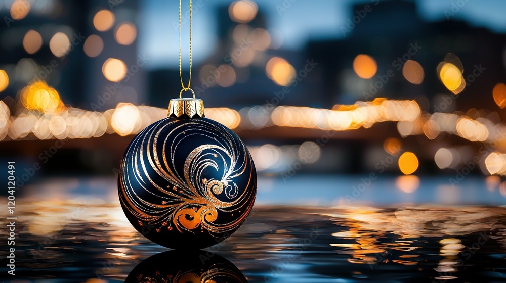 Poster a golden ornament dangles from a string in front of a cityscape, illuminated by twinkling lights beh