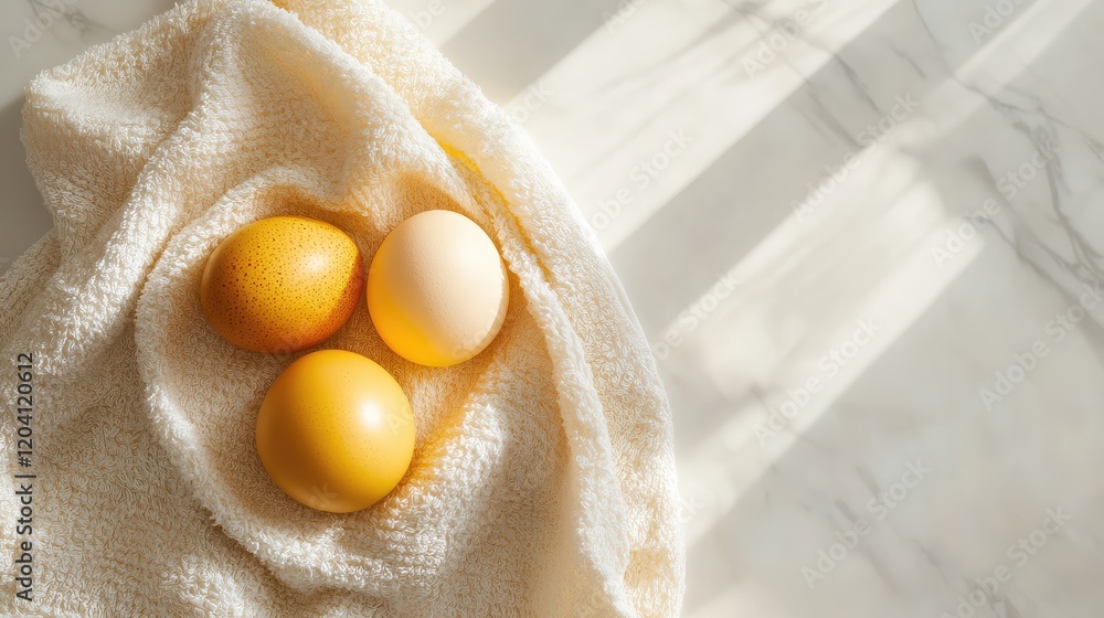 Aufkleber three colorful eggs on a soft towel with shadows on a marble surface copy space