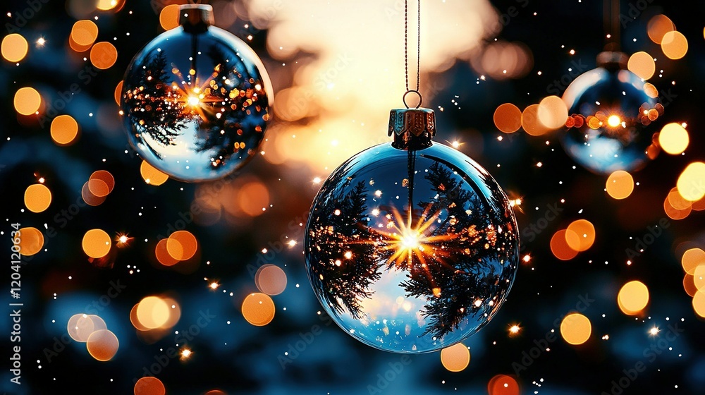 Poster a christmas ornament dangles from a string, framing a tree in the background