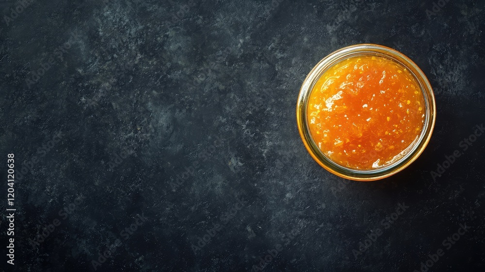Poster jar of orange fruit preserves on dark textured surface with copy space for text or design elements