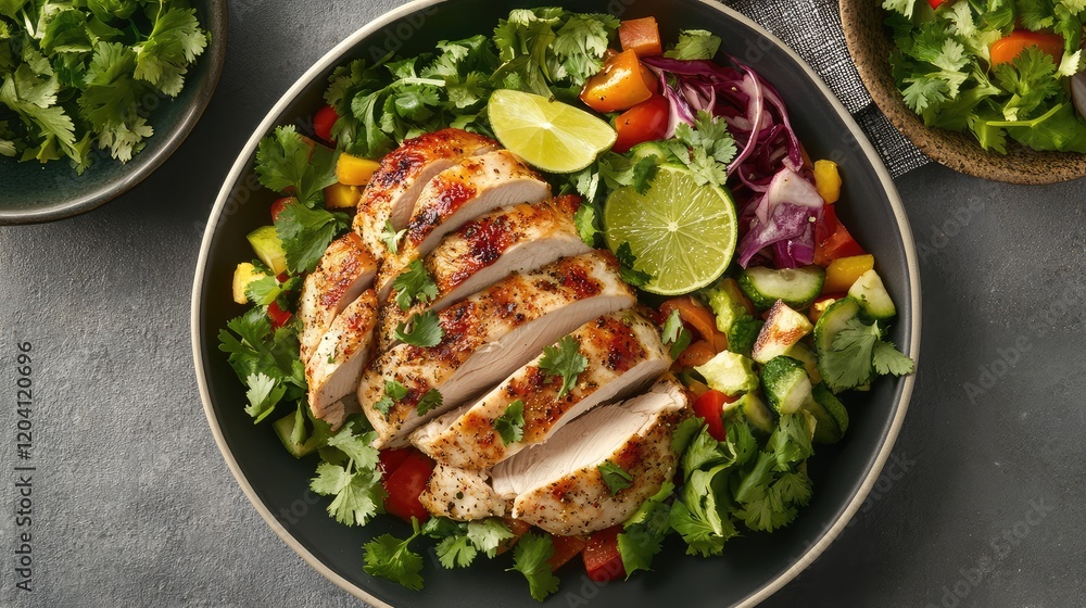 Poster grilled chicken breast served on a colorful salad with fresh vegetables and lime wedges on a dark te