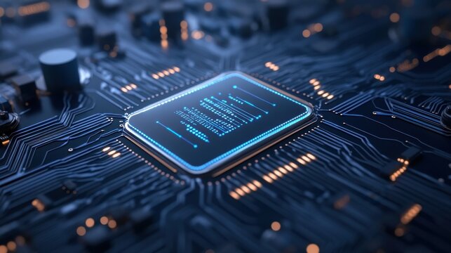Futuristic Microchip with Circuit Board Design and Glowing Elements in Dark Background