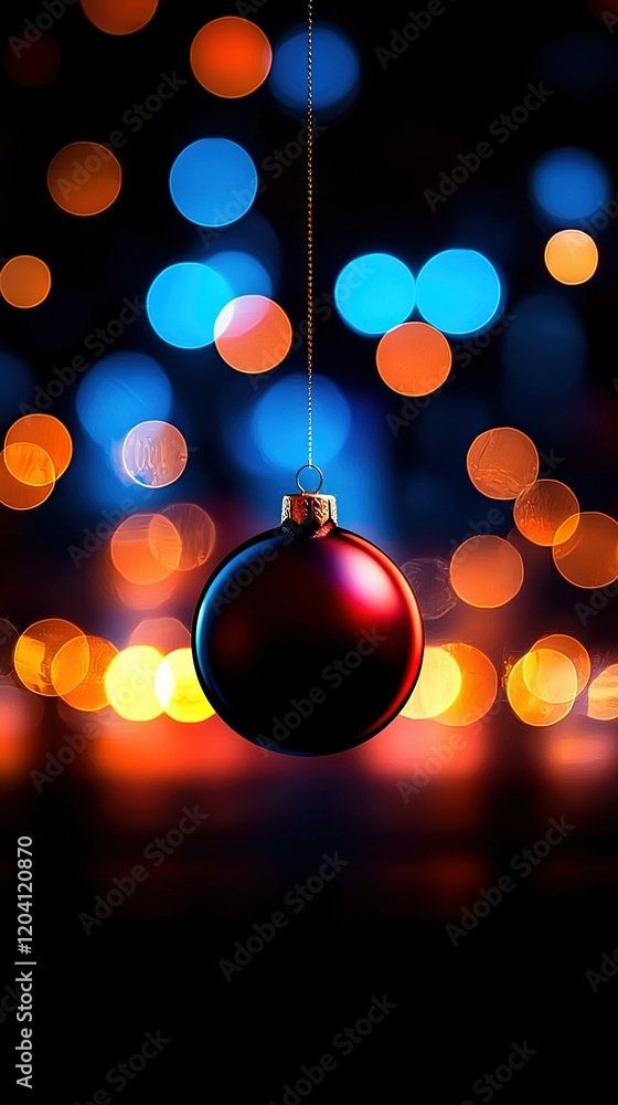 Poster a clearer image of a red ornament hanging from a string against a background of blue and red lights