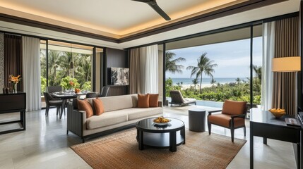 Fototapeta premium Spacious living room of a high-end hotel villa, its sleek design enhanced by floor-to-ceiling windows revealing a breathtaking ocean view.
