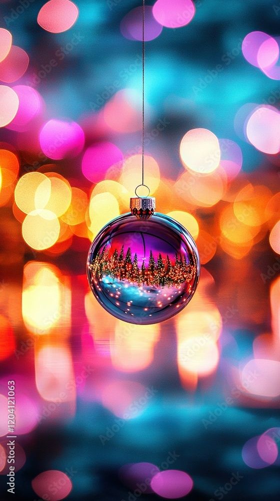 Aufkleber a christmas ornament dangles from a string in front of a hazy cityscape