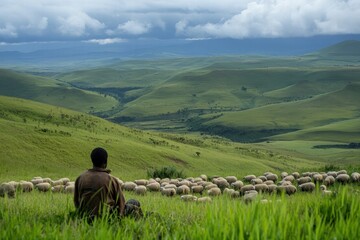 Sheepherder watches over a flock in a green valley under a cloudy sky during the day in a remote landscape. Generative AI