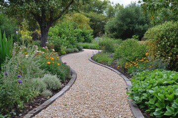 Fototapeta premium A gravel path winding through a garden of native plants and shrubs.