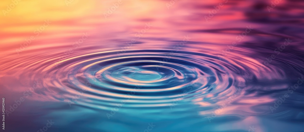 Poster colorful water surface with circular ripples and reflections, abstract light patterns, copy space fo