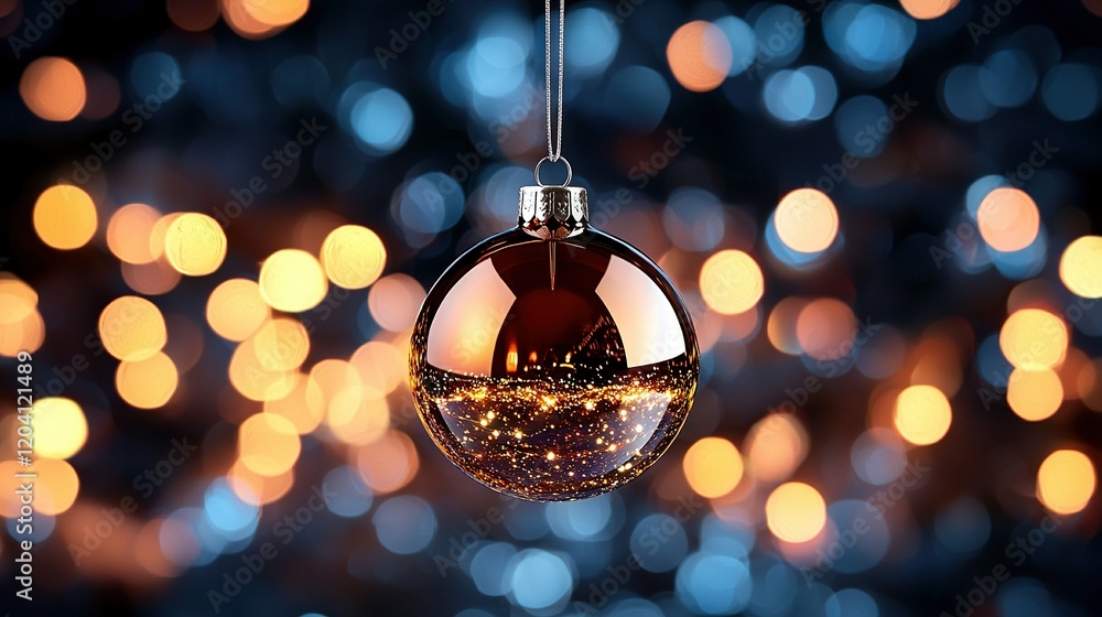 Poster a clear christmas ornament hangs on a string against a blurred bokeh background of twinkling lights
