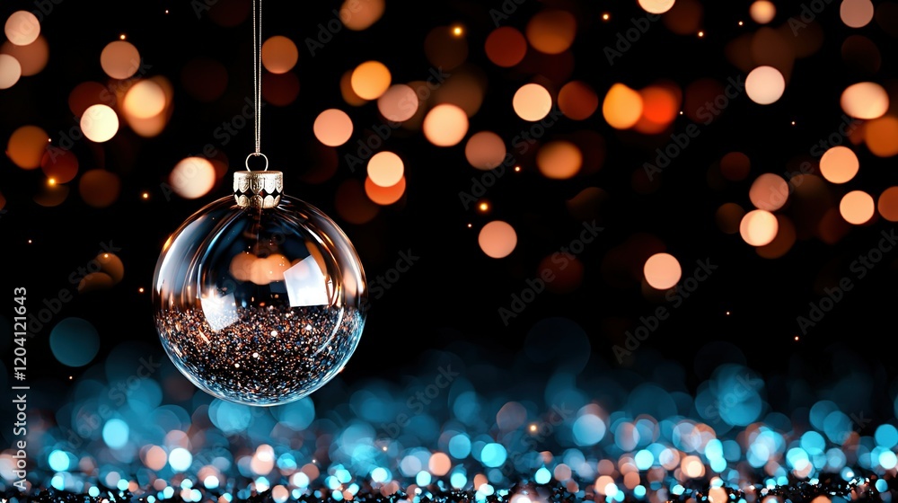 Aufkleber a christmas ornament hanging from a string on a black background with a blurred bokeh of lights