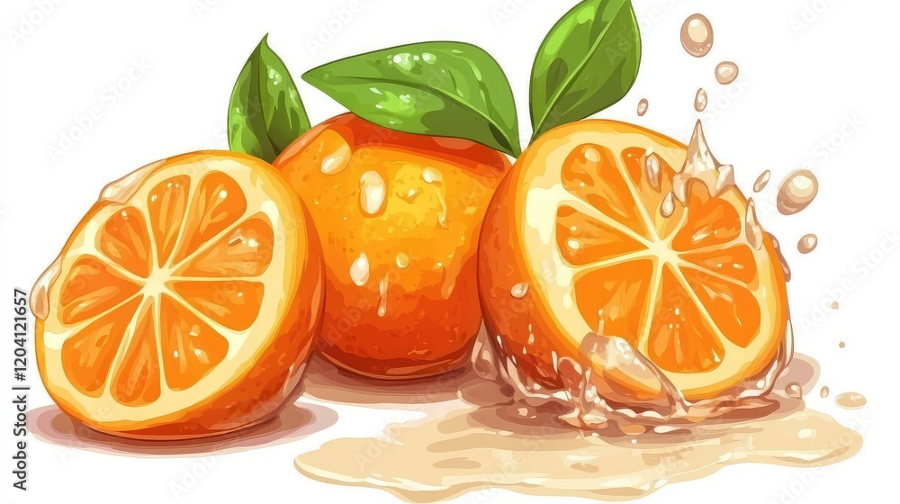Poster freshly sliced orange with water splashes and green leaves on a white background with ample copy spa