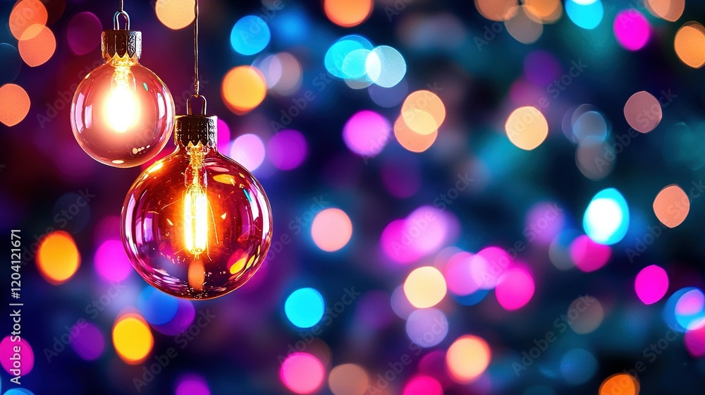 Poster two light bulbs dangling on a string in front of a fuzzy backdrop of colorful lights
