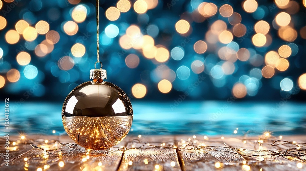 Poster a gleaming christmas ornament dangles on a string amidst a fuzzy backdrop of twinkling lights on a w