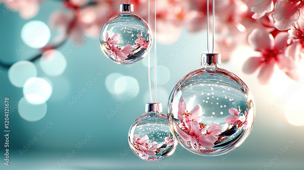 Poster close-up of three ornaments dangling on a tree branch, surrounded by pink flowers in the foreground,