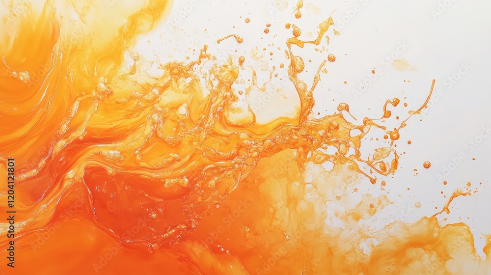 Aufkleber abstract orange liquid splash with dynamic water droplets and smooth swirling texture on white backg