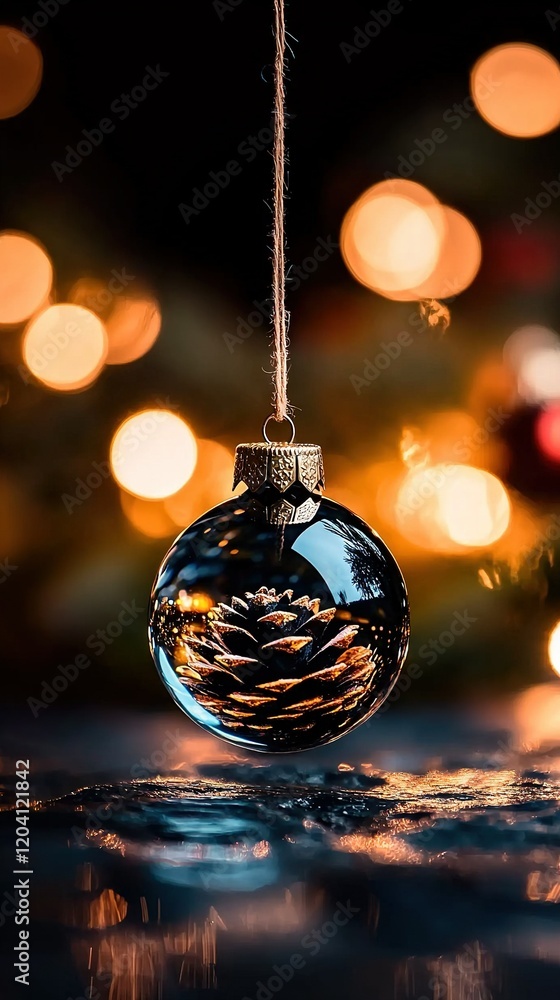 Poster a clear glass ornament dangles on a string before a hazy light background